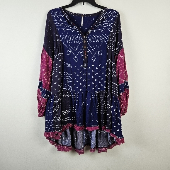 Free People Shibori Long Sleeve Tunic Dress in blue and pink blue Size M - Picture 3 of 10